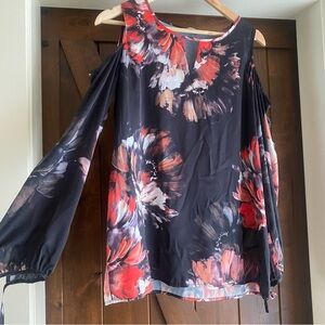 Renaur Women’s Floral Black Coral Cold Shoulder Blouse Top Size Small